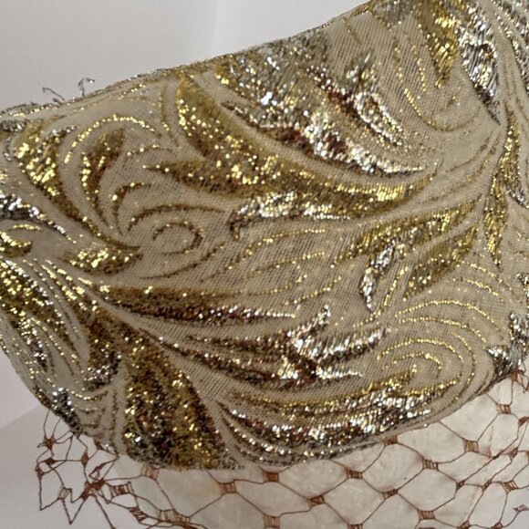 Sequin Pillbox Hat Vintage Gold Brocade Cocktail Netting Union Tag UHCMW Label - Picture 9 of 11